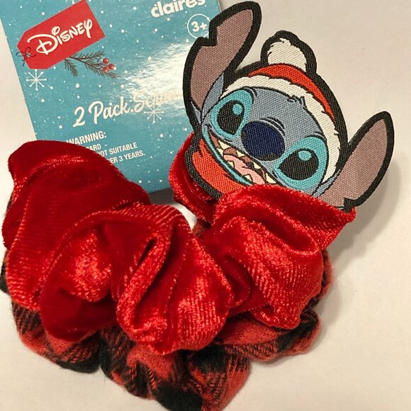 Disney Stitch Christmas Hair Scrunchie 2 Pack Santa Hat Plaid Bells Red NWT - Picture 1 of 9